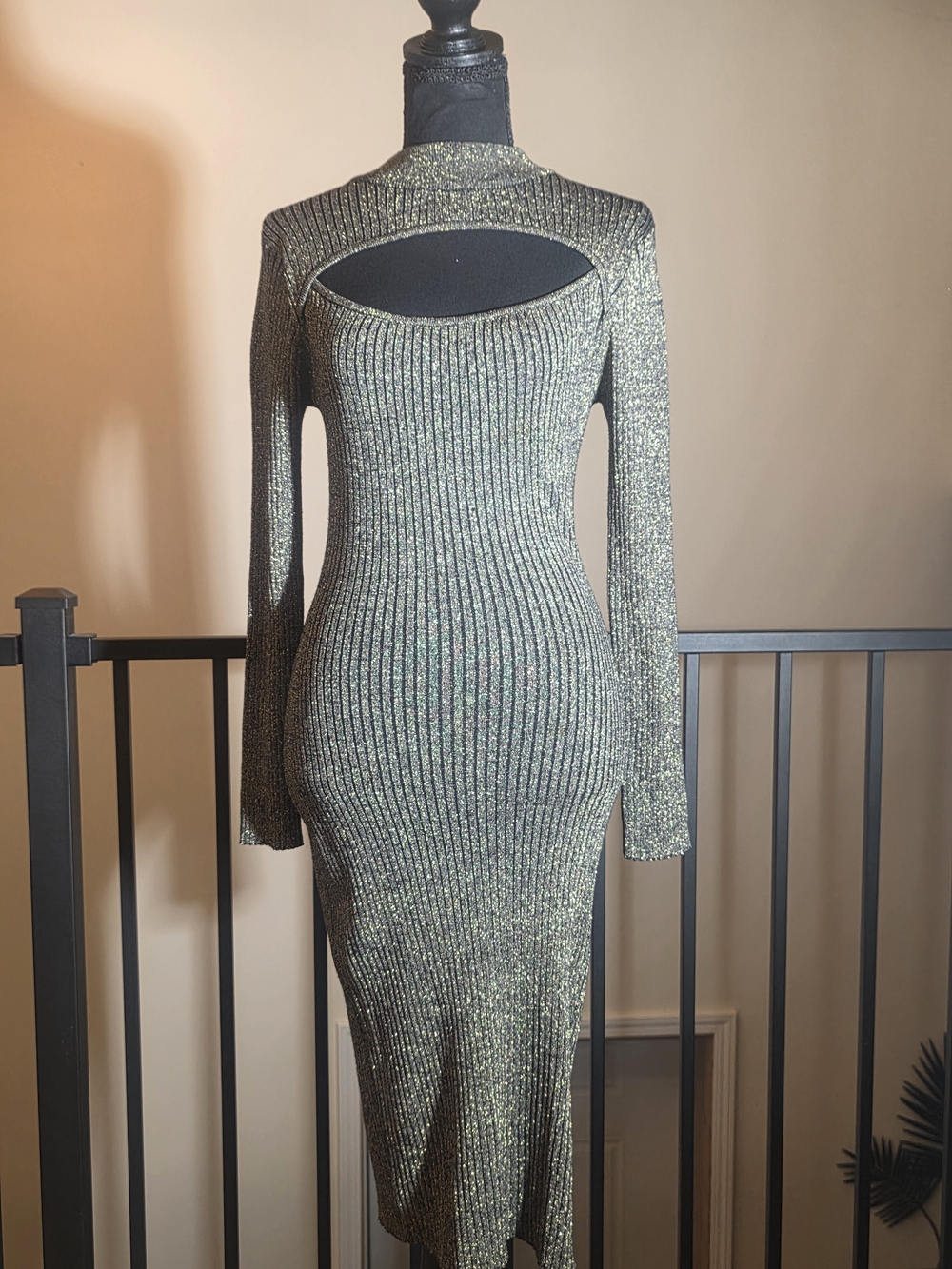 Say What? Metallic Ribbed Long Sleeve Cutout Midi Dress (Size M)